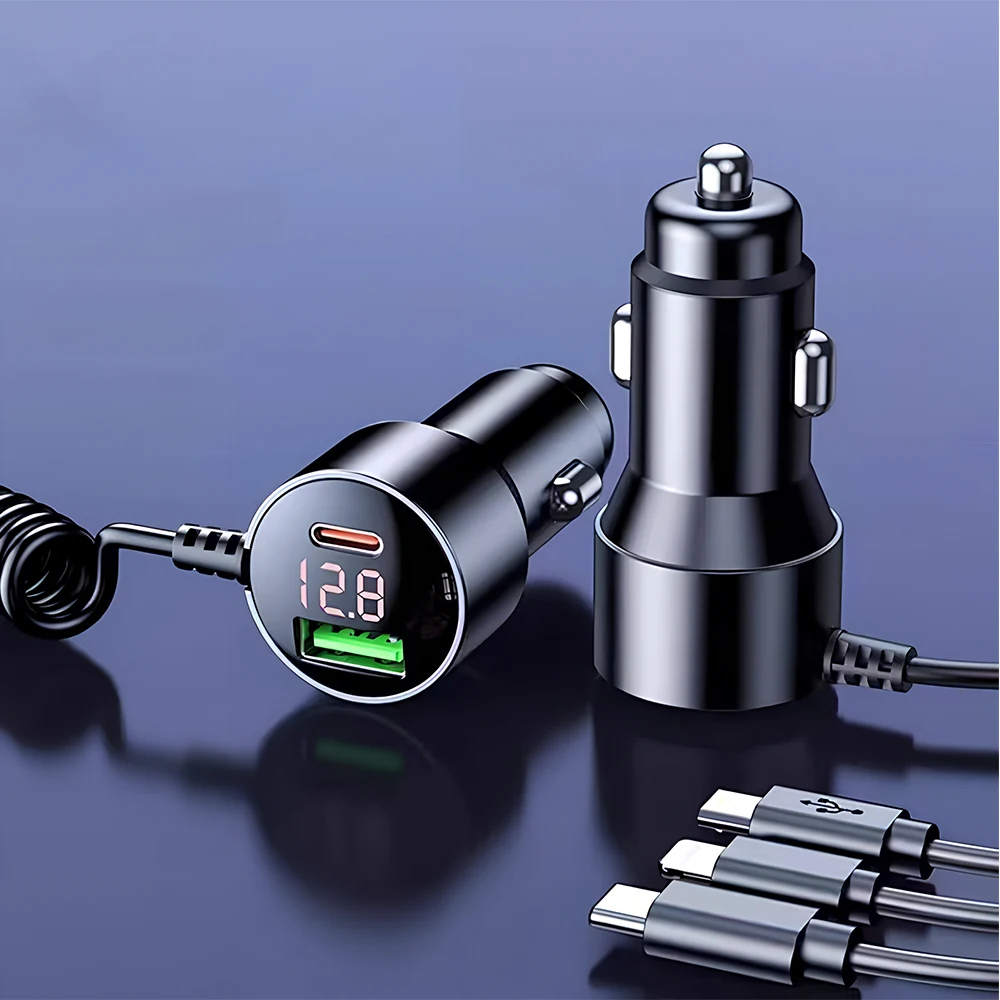 120W 5 in 1 Car Charger Fast Charging LED Voltage Display Multi Port USB Car Phone Charger Spring Wire Cigarette Lighter Adapter