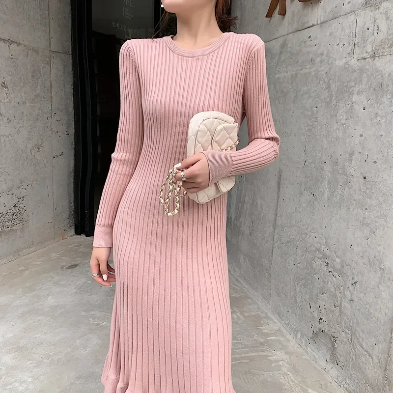 Blue Elegant Women Knitted Dress Soft Autumn Slim Waist Thicken Knitwear Korean Streetwear Lovely Long Wool Vestido Winter