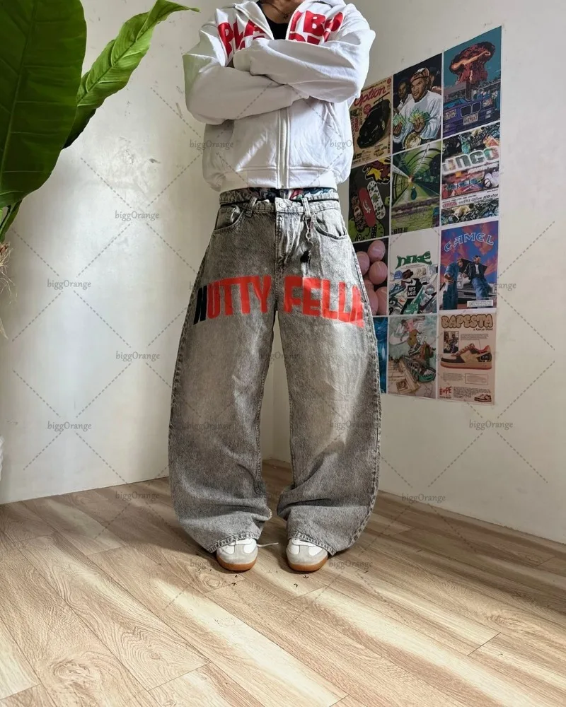 Y2K Harajuku Retro dicuci longgar Jeans jalan Hip-hop Anime dicetak pola lebar lurus celana pria trendi merek kasual