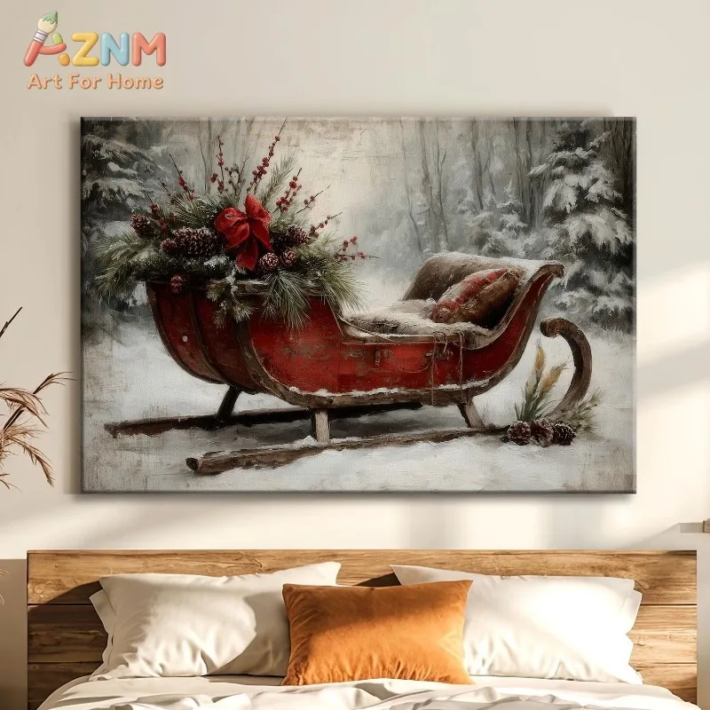 Vintage Painting Snowy Pine Red Sleigh Christmas Canvas Poster Prints Frameless Wall Art Festive Winter Cozy Warm Rustic Decor