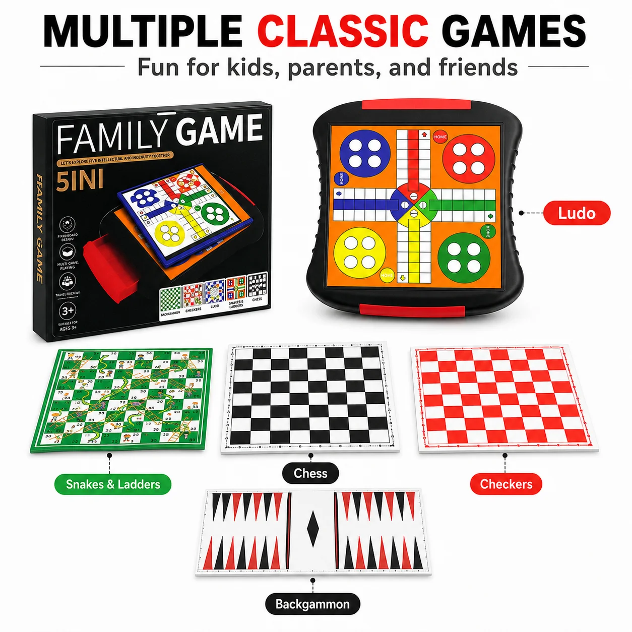 7-in-1 Board Game Set Family Desktop Game including Snake Ladder Checkers Chess Backgammon Gomoku And More