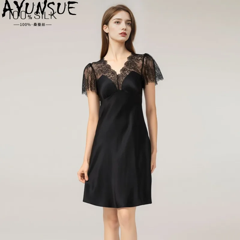 AYUNSUE 100% Silk Night Dresses for Woman Luxury Solid Color Nightgowns with Chest Pad Summer Pajamas for Women High Quality 잠옷