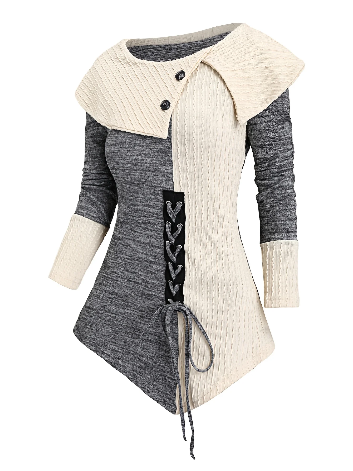 Europe and the United States Fashion Autumn and Winter New Lace-Up Decoration Lapel Imitation Button Hem Long-Sleeved Shirt