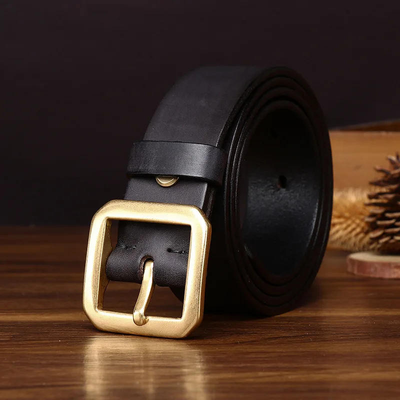 Vintage Matte Genuine Cowhide Leather Belt For Men, Solid Brass Buckle, Casual All Match Jeans Belt