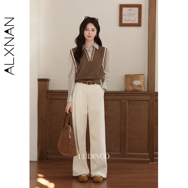

ALXNAN Women's Brown Striped Shirt Fake Two-piece Lapel Sweater Vest Shirt Autumn Office Lady Long Sleeve Tops Female L569193