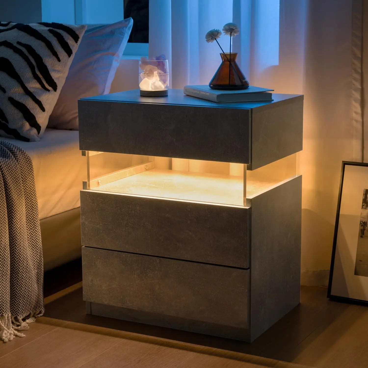 Nightstands Set of 2 LED Bedside Tables with 3 Drawers Modern Night Stand with Acrylic Board Night Stand Set 2 for Bedroom