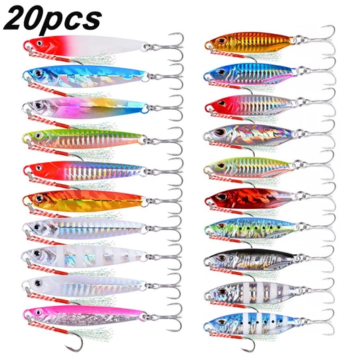 Juego de cucharas de plantilla fundidas de Metal de calidad, 20 piezas, 20g, 30g, 40g, 60g, fundición a tierra, Jigging, pez, lubina, señuelo de pesca, aparejos de cebo Artificial