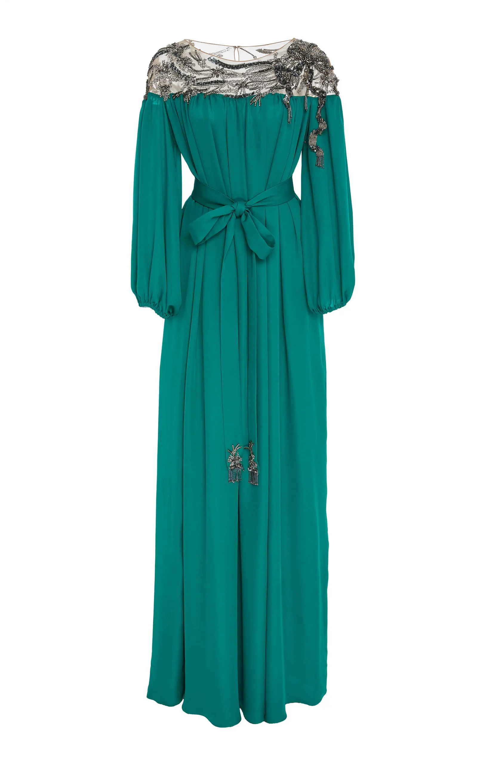 L430 Green Long puff Sleeves Crew Neck Beaded Chiffon  فساتين السهرة vestidos de fiesta  فساتين سهره evening dresses