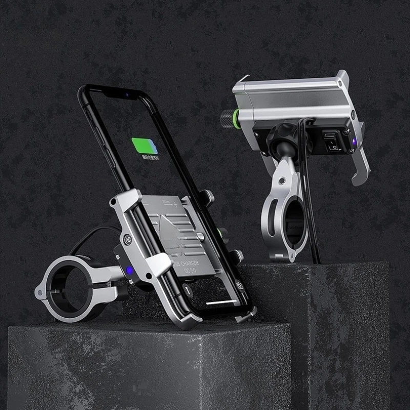 

For IPhone for Huawei Aluminium 12-24V Phone Holder USB Charger QC3.0 Fast Charging Mount Motorcycle Bicycle Handlebar Bracket