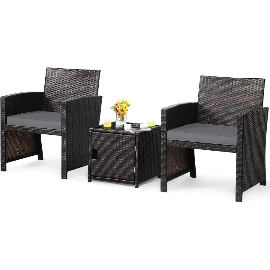 3 Piece Outdoor Bistro Set PE Wicker Patio Conversation Set with Side Storage Table with Door Soft Cushions and Protective Cov