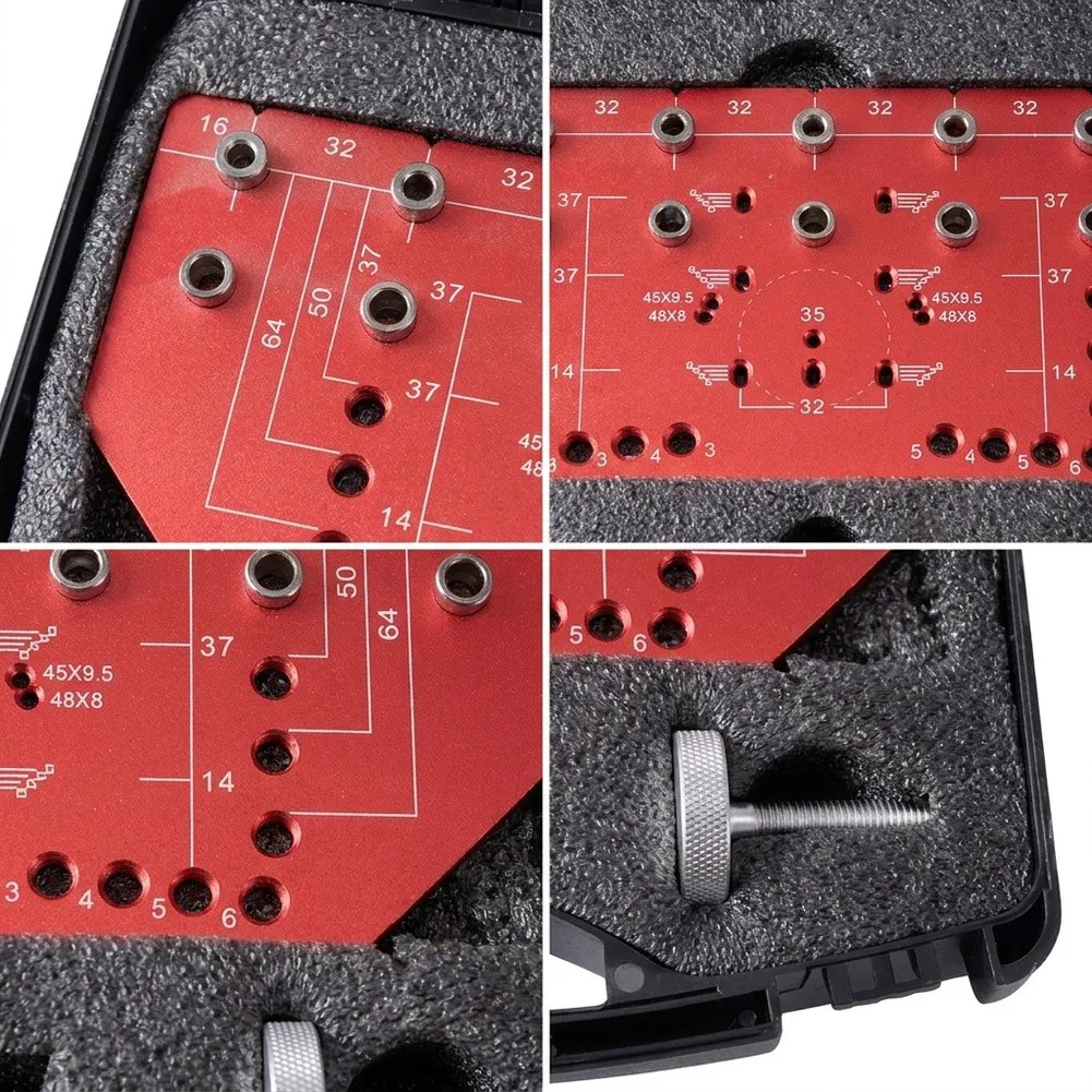 Aluminum Drill Guide for Dual Function Shelf Dowel and Cabinet Hinge Drilling with 9-Hole Layout and Clamping Integration