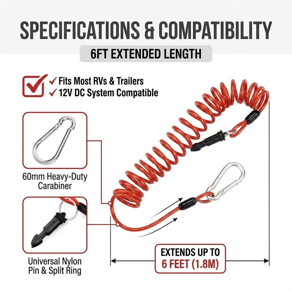 6FT Coiled Trailer Breakaway Cable RV Boat Emergency Brake Cord. 304 Stainless Steel Core, 12V DC System. Safe Towing Wire