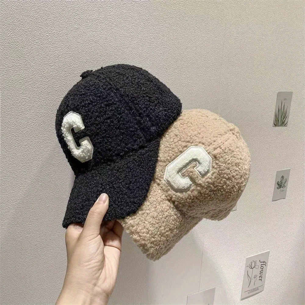 Winter Woman Warm and Thickened Baseball Cap C Letter Embroidery Lamb Wool Solid Color Trend Casquette Travel Outdoor Casual