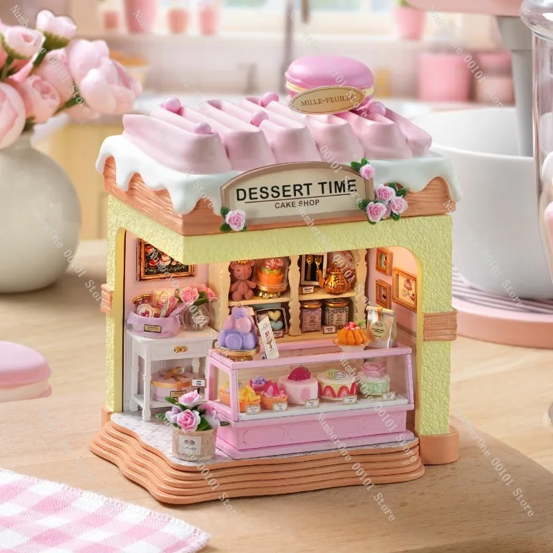 Strawberry Cake Dessert Shop DIY Wooden Miniature House 3D Puzzle Building Model Kit Handmade Creative Gift Kids Adults Family