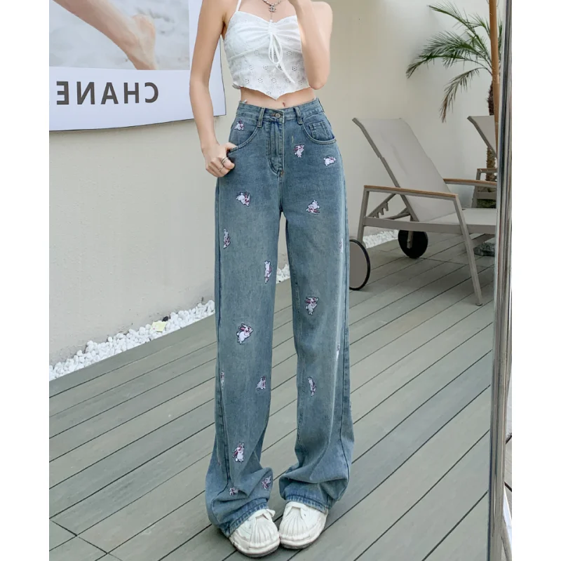 Blue Jeans for Women Embroidery High Waist American Fashion Y2K Chic Streetwear Wide Leg Jean Female Trouser Baggy Denim Pants