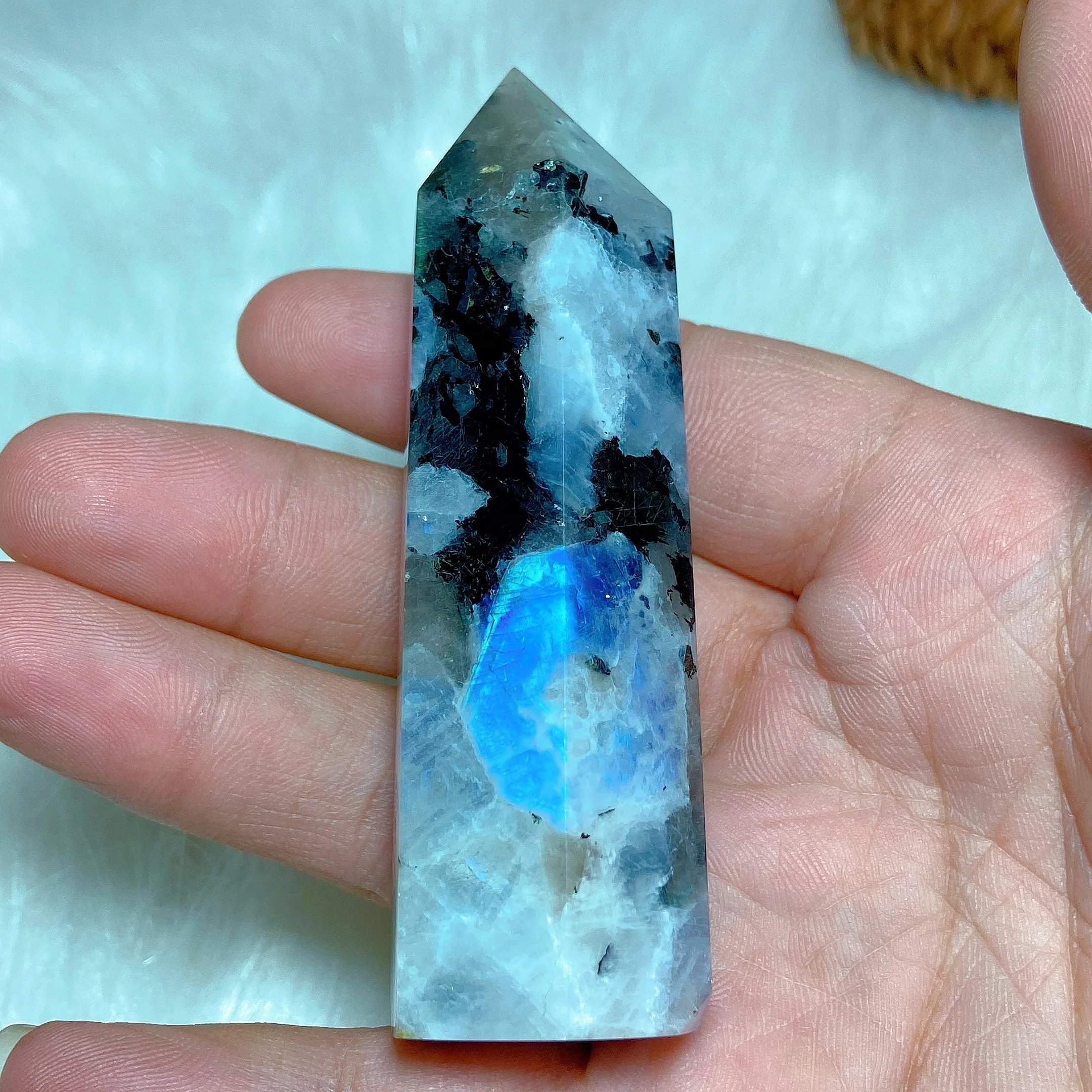 Natural Crystal White Moonstone Black Tourmaline Tower Point Blue Flash Stone Energy Healing Gemstone