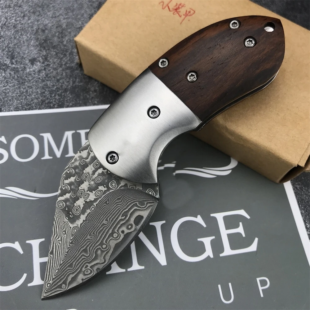 Small MINI Folding Knife Damascus Steel Blade Sandalwood + Stainless Steel Handle Pocket Knife Outdoor EDC Camping Hiking Tool