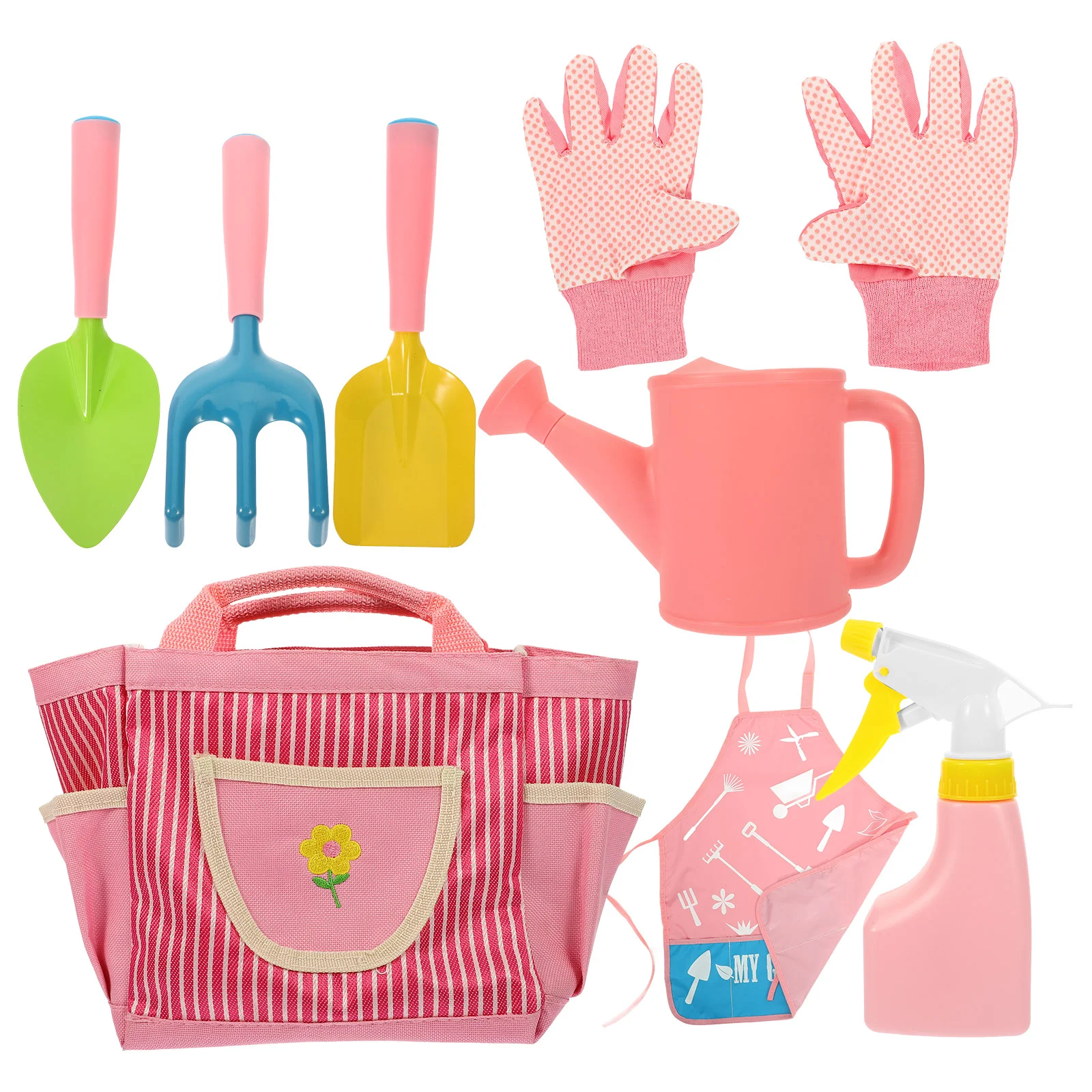 

8 Piece Kids Gardening Tools Children Garden Toys Metal Rake Trowel Watering Can Spray Bottle Gloves Apron Carry Bag