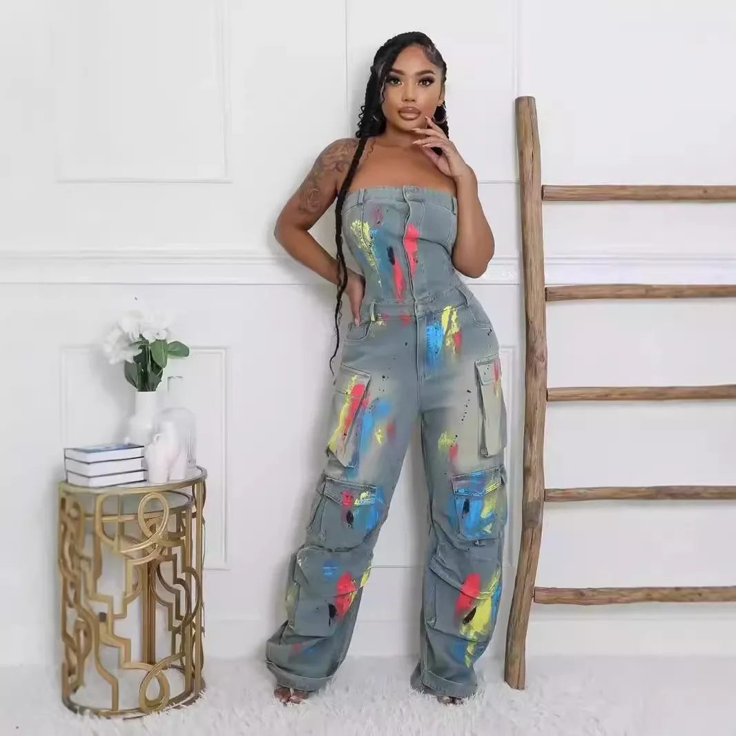 2024 cross-border European fashion spray color camouflage tube top integrated overalls sexy babes jumpsuit women