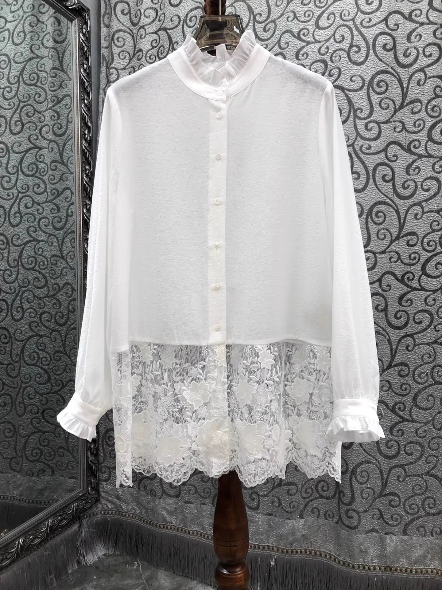 

High Quality New Long Shirts 2026 Spring Women Sexy Tulle Lace Embroidery Patchwork Long Sleeve Black White Loose Shirts Blouse