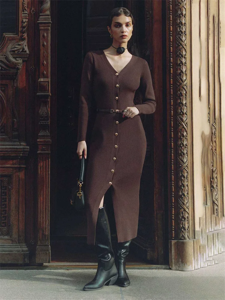 Autumn V-Neck Knit Long Dress For Women Ribbed Patchwork Cardigan Slim Elegant Party Dress Female Knitwear Maxi Dress 2024