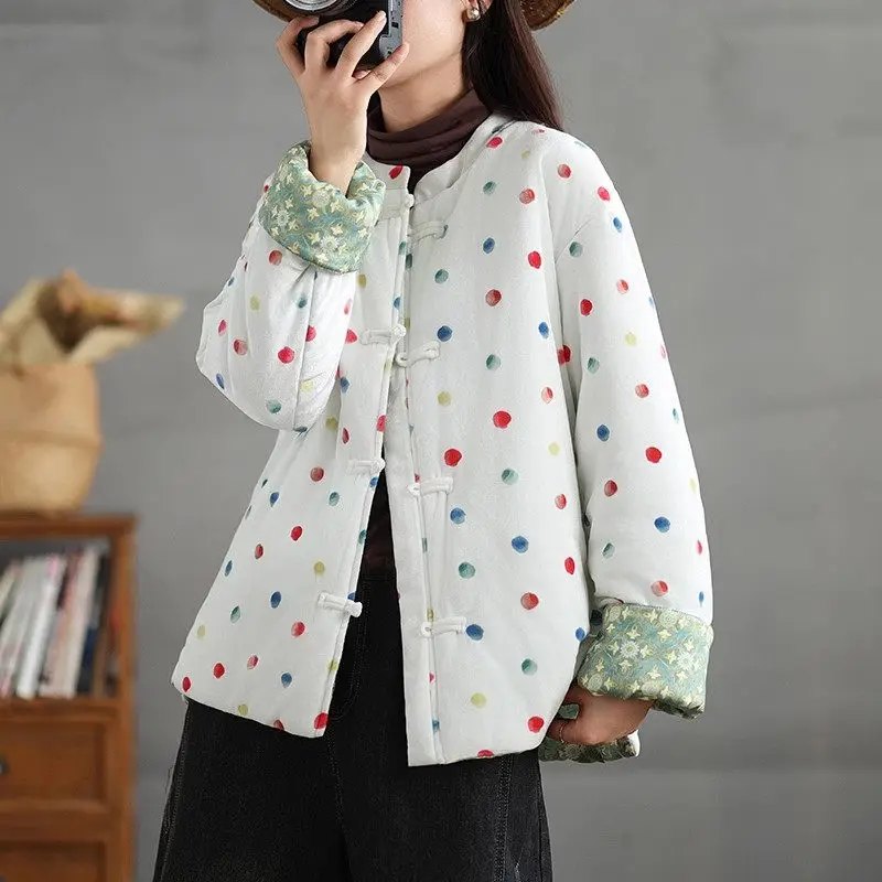 Polka Dot Coat Chinese Style Cotton Jacket Short Style Design Cute Autumn And Winter Outerwear Casual Quilted Tops k2589