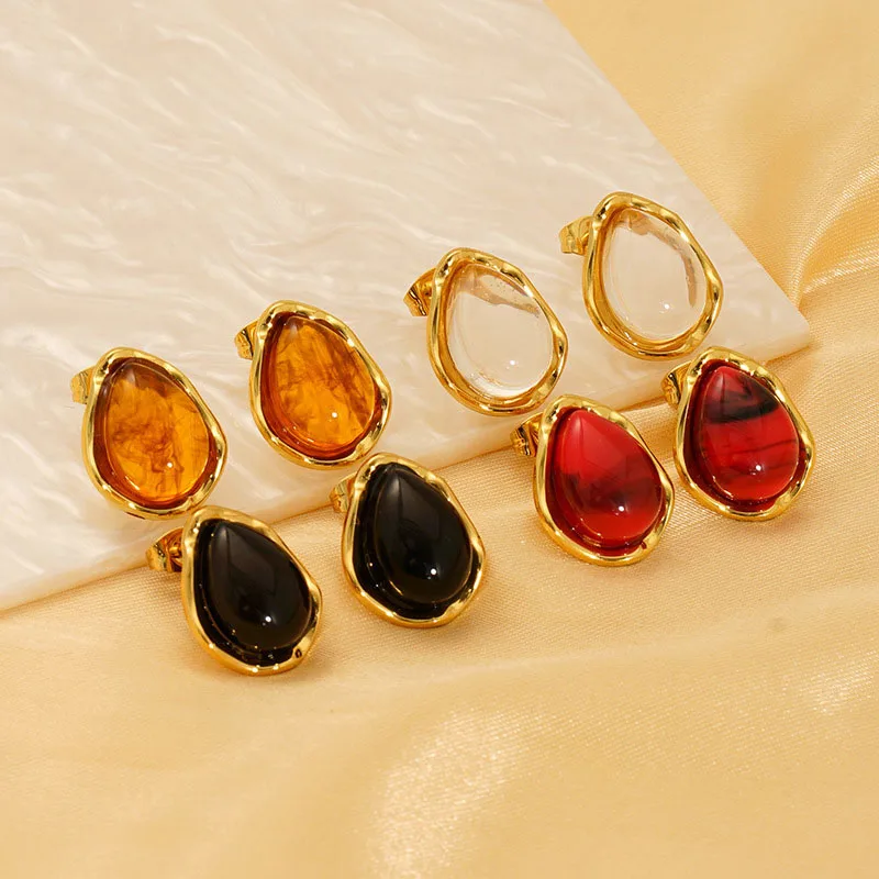 10PCS 2025 New Water Drop Red Resin Earrings Stainless Steel 18K Earrings for Women Stud Earrings Jewelry Gifts Wholesale