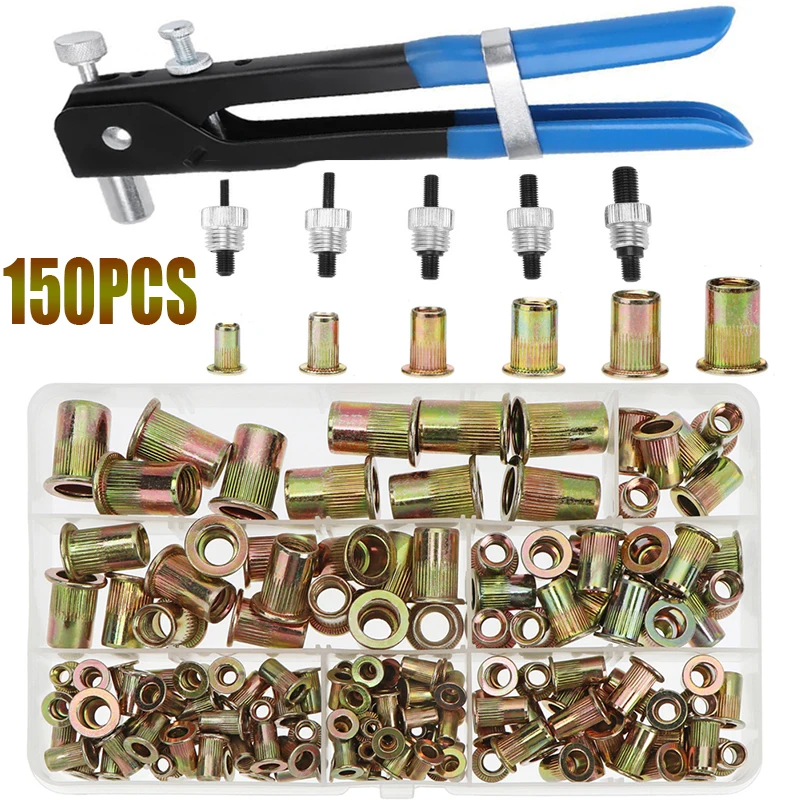 

150pcs Rivet Nuts Mandrel Kit M3/M4/M5/M6/M8/M10 or Nut Rivet Mandrel Repair Tool Rivet Gun Flathead Screw Pop Nut Rivet Gun Set