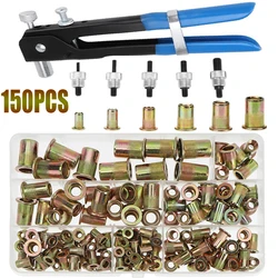 150pcs Rivet Nuts Mandrel Kit M3/M4/M5/M6/M8/M10 or Nut Rivet Mandrel Repair Tool Rivet Gun Flathead Screw Pop Nut Rivet Gun Set