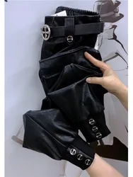 PU Leather Radish Pants Women Fashion Faux Leather Safari Trousers Women Elegant Pockets Pants Female Ladies harem