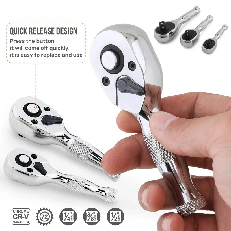 1/4 3/8 1/2 72 Teeth Quick Socket Mini Ratchet Wrench 2 in 1 Dual Head Stubby Torque Repair Hand Tool