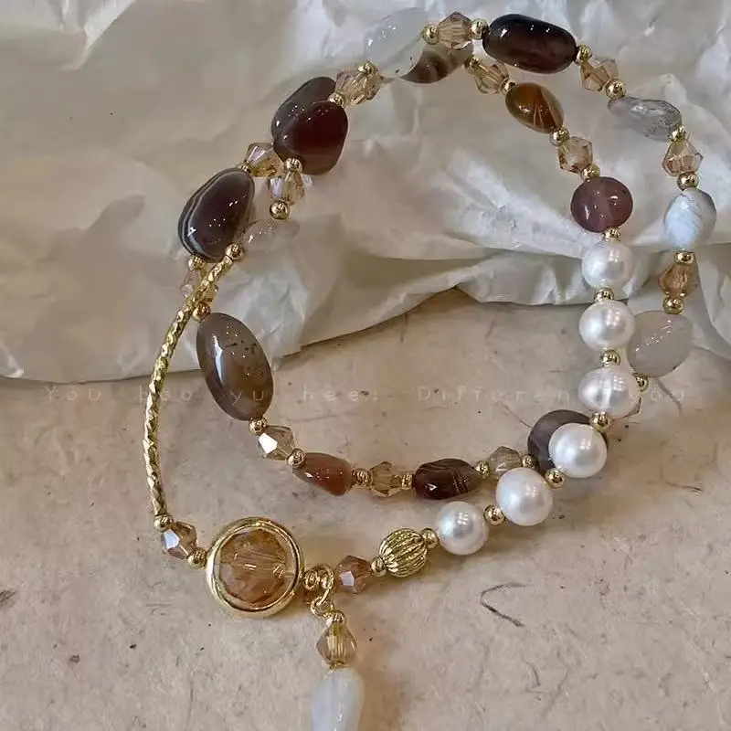 

Bracelet Natural Stone Freshwater Pearl Double layer Bracelet Women's Retro Style Beaded Irregular Small And Exquisite Bracelet