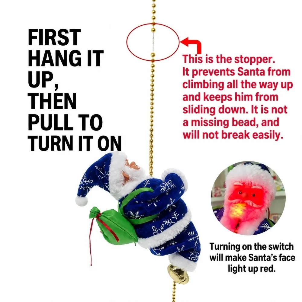 Electric Santa Claus Climbing Rope Ladder Motorized Climbing Musical Function Santa Claus Hanging Ornament Glowing Light