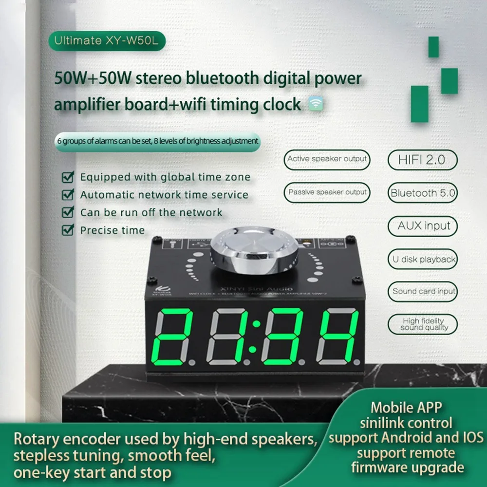 Placa amplificadora de potencia Digital HIFI 50Wx2, estéreo, Bluetooth 5,0, módulo amplificador de Audio con reloj de sincronización WIFI, AUX, USB
