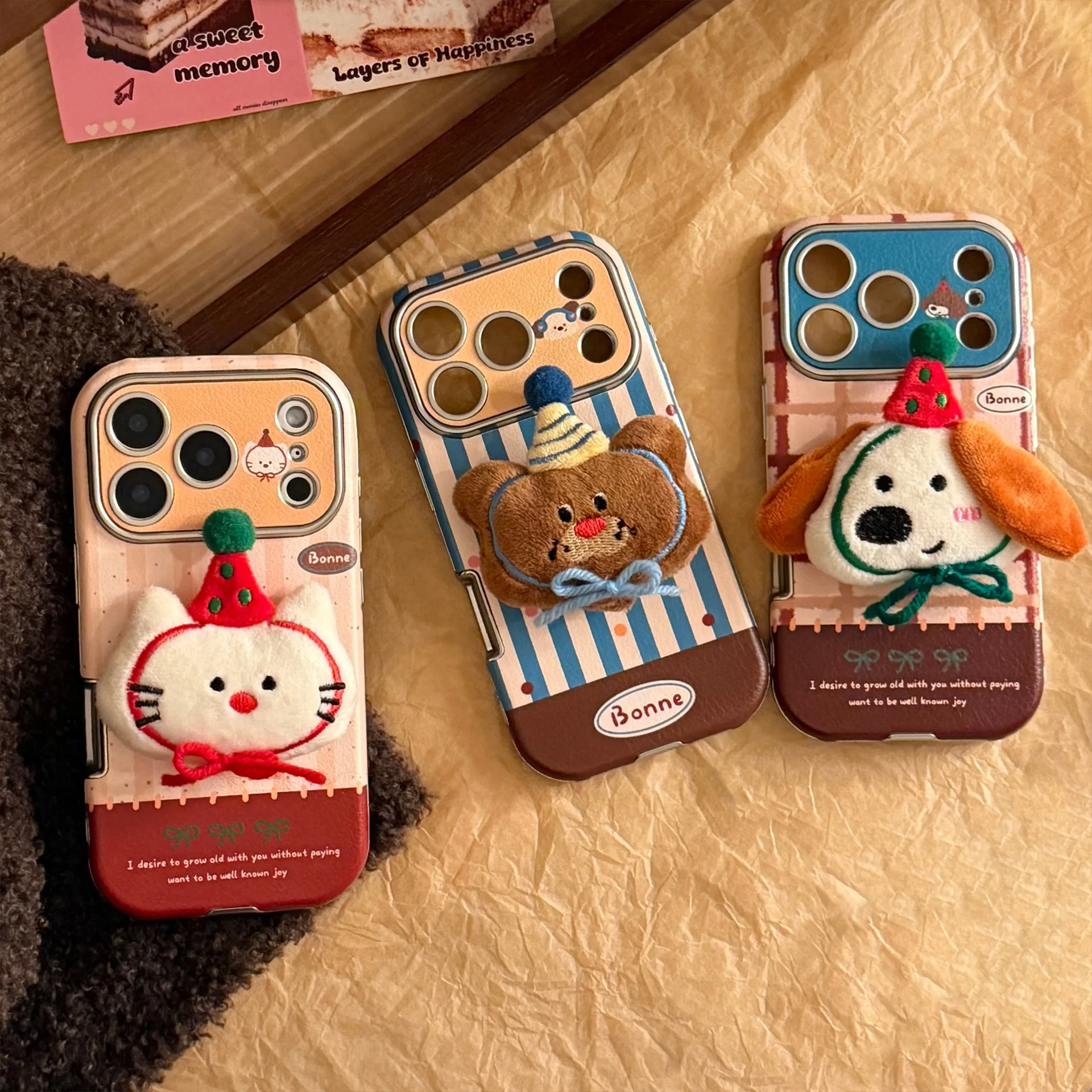 Koreanische Cartoon 3D Plüsch Tiere Party Leder Textur Telefon Fall Für iPhone 17 16 15 14 13 12 11 Pro Max stoßfest Soft Cover