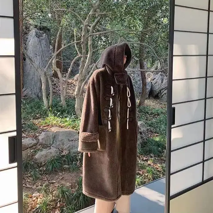 Korea Horn Knopf Wolle Kaschmir Kunst pelz lange Kapuze Teddybär Mantel Frauen lässig Langarm Winter jacke шуба женская