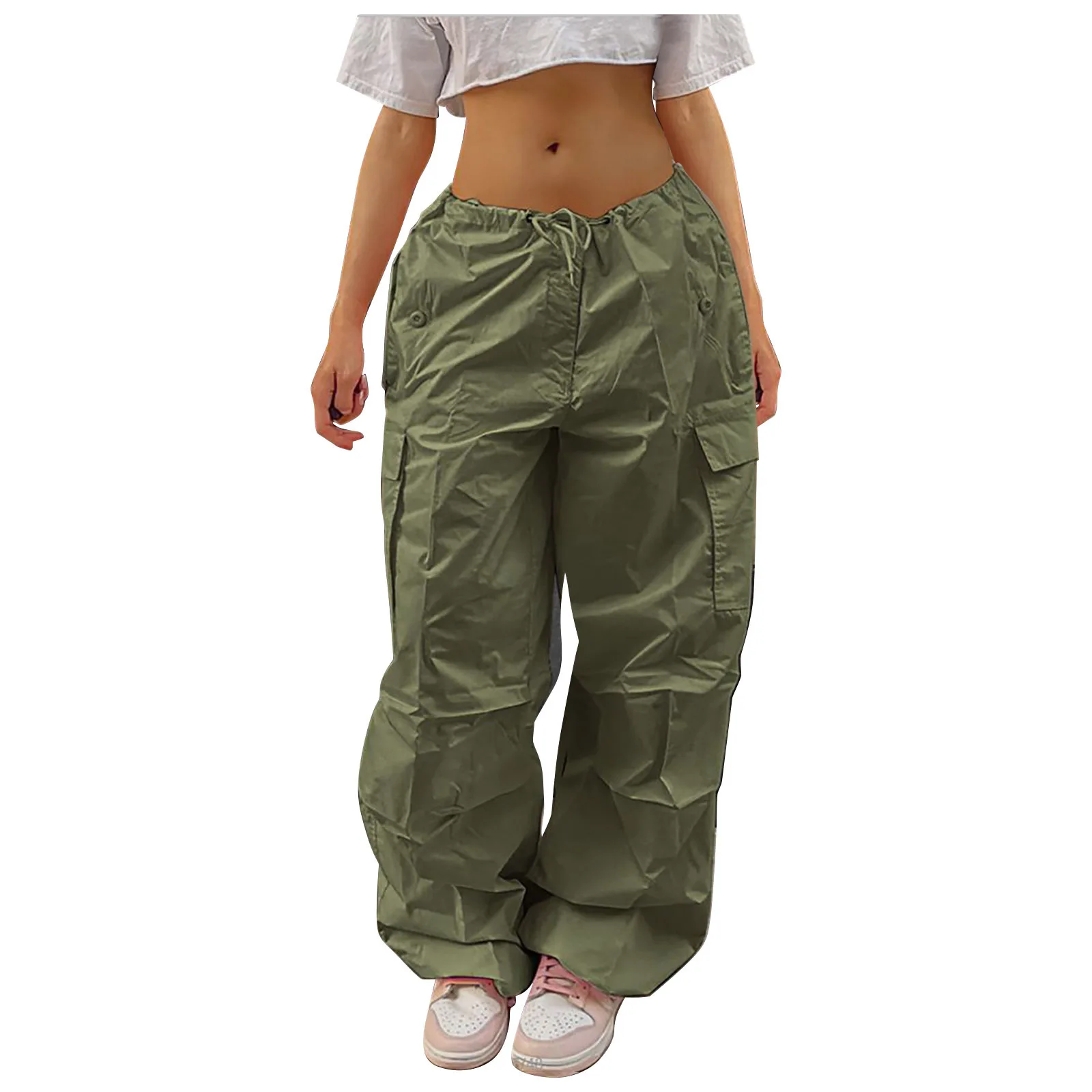 Solid Color Lace Up Pocket Casual Street American Work Pants for Women