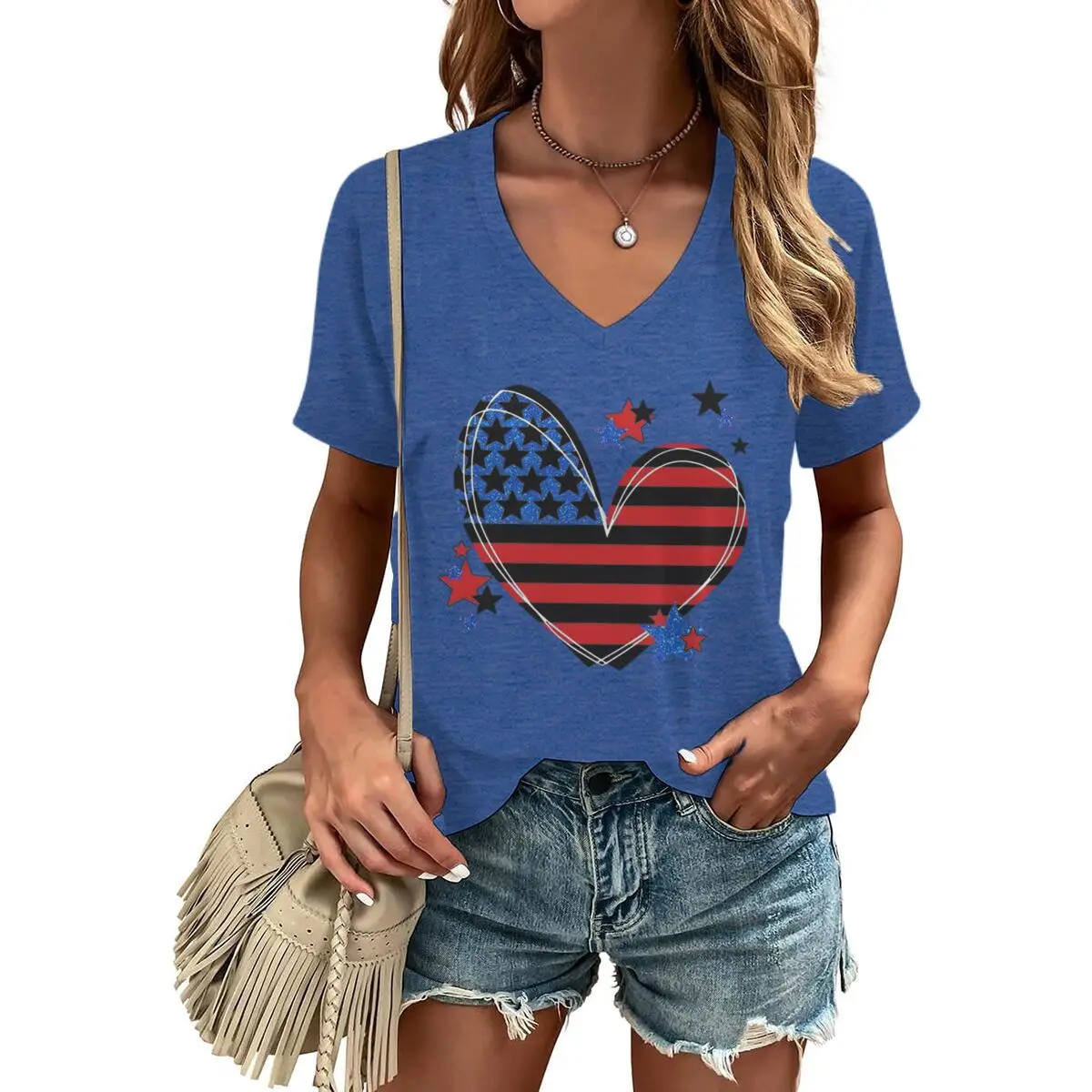 1776-2026 USA 250th Birthday V-Neck T-Shirt USA Flag Heart Design Short Sleeve Tee Top Fourth of July Shirt 4th of July Soft Top
