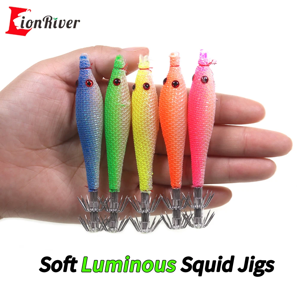 Linoriver 9cm/7.6g Double Umbrella Hook Soft Squid Lure Jigs Saltwater Fishing Luminous Artificial Octopus Cuttlefish Bait