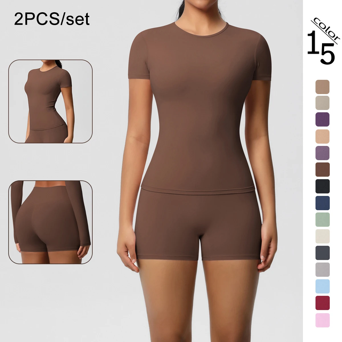 

Комплект из 2 предметов: шорты для йоги и футболка, облегающие повседневные летние шорты для бега и велоспорта, женский бесшовный быстросохнущий спортивный комплект для йоги с коротким рукавом