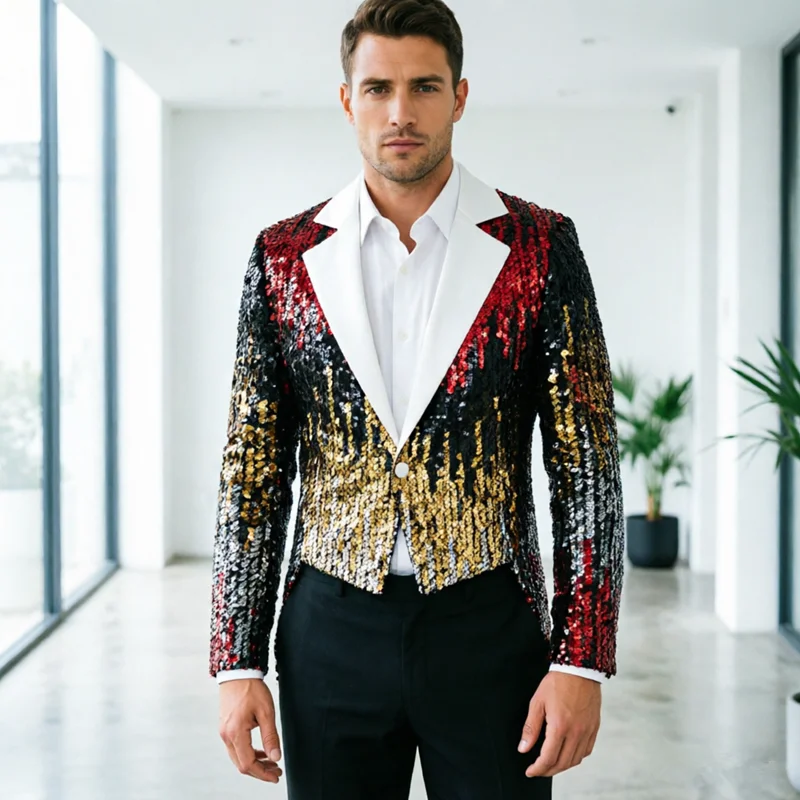 

2026 New Fashion Men Luxurious Sequin Tailcoat Suit Jacket Male Palace Banquet Wedding Blazer