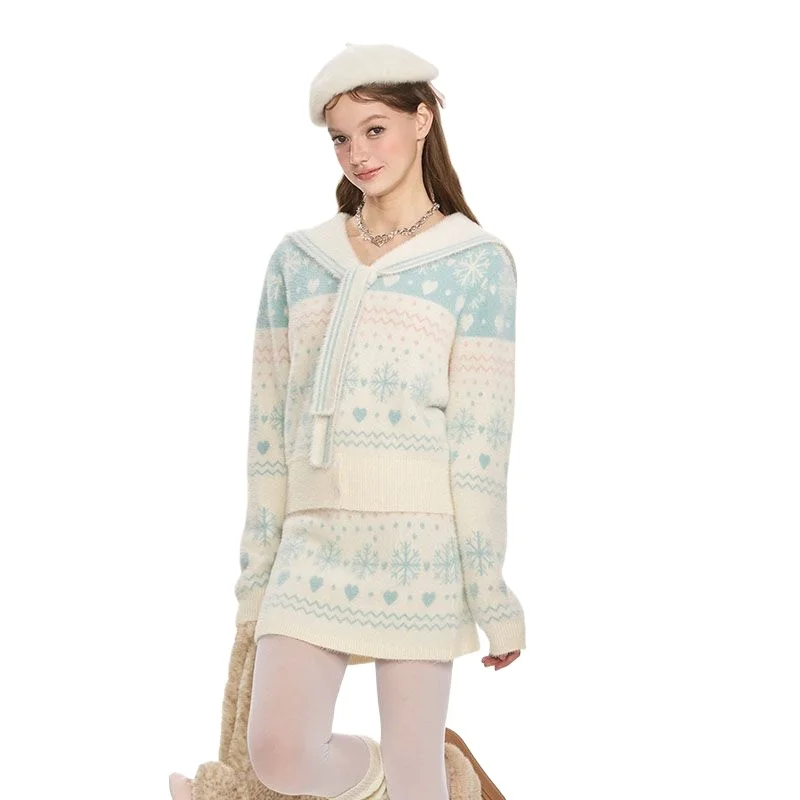 

Осенняя мода 2026, корейский стиль, зима, снежинка, темно-синий жаккардовый пуловер с воротником, свитер, полуюбка, вязаный комплект из двух предметов для женщин