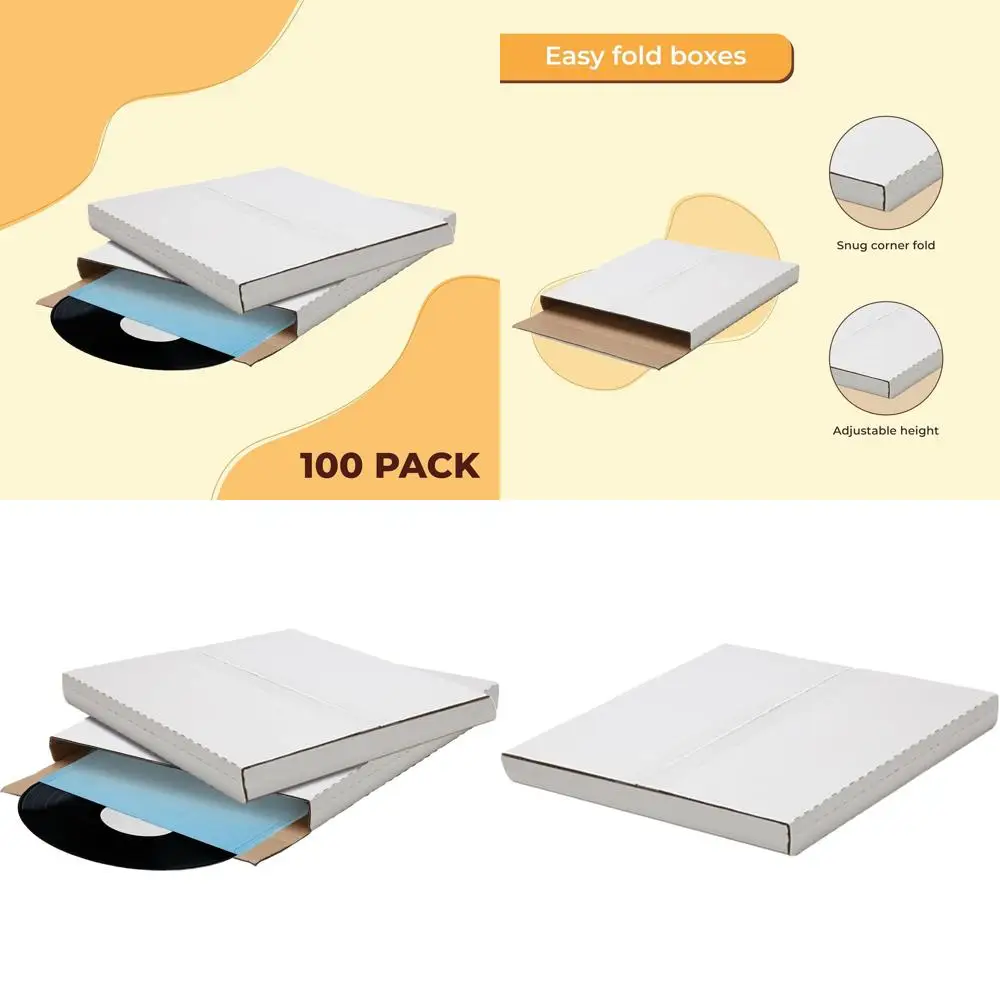 

100 прочных почтовых конвертов для пластинок | 12.5x12.5x1 дюймов | Регулируемая высота для компакт-дисков, альбомов и почтовых отправлений