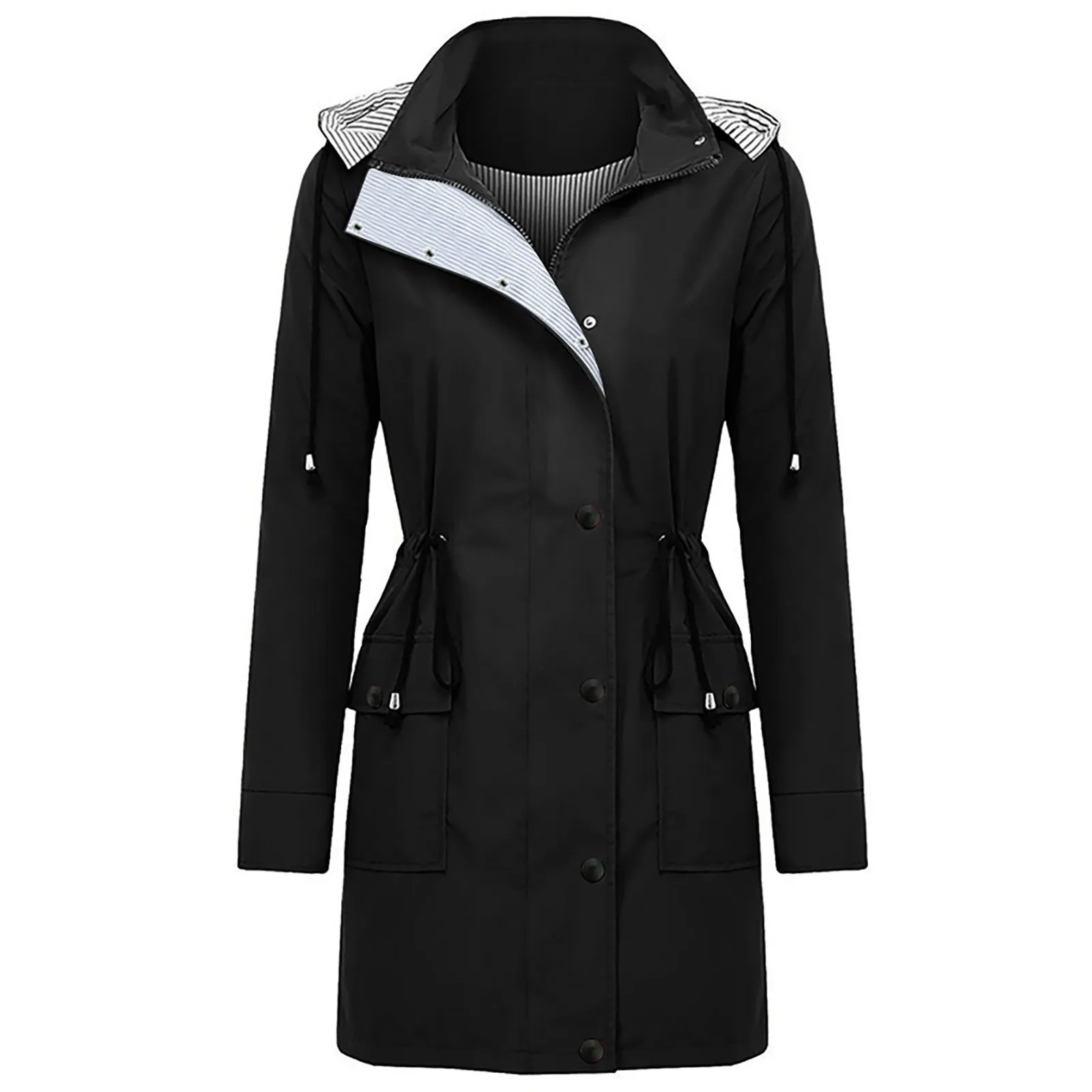 Multifunctional Rainproof Windbreaker Women Outdoor Waterproof Coat Hooded Trench Jacket Long Drawstring Outerwear Stylish T1