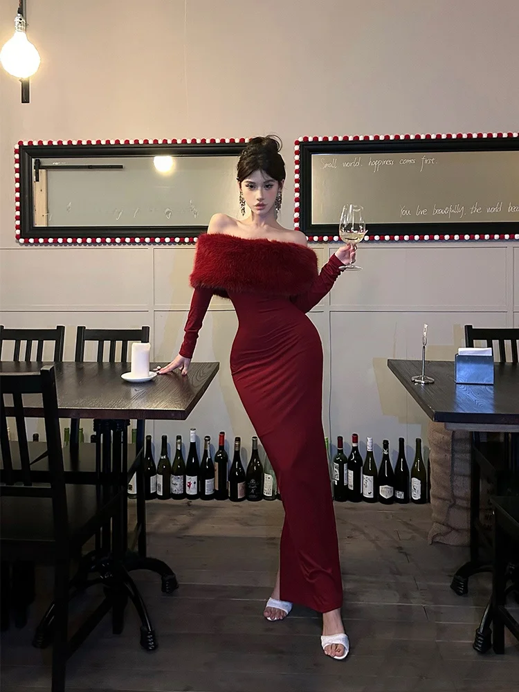 

XZY Vintage Red One-Shoulder Knitted Dress Sexy Wrap around Skirt for plus Size Women Autumn Winter Casual High Waist Bodycon...