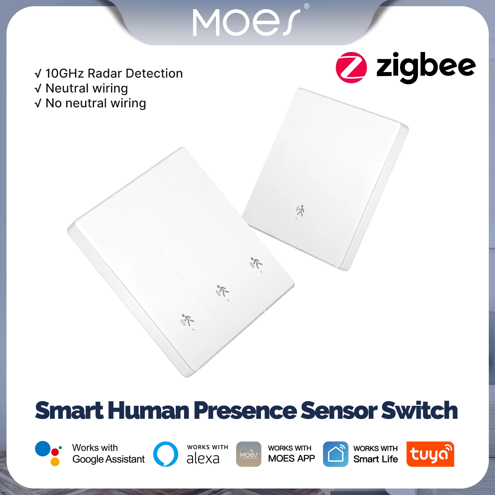 MOES Tuya Zigbee Smart Human Presence Switch mmWave Radar Detection Wall Light Work with Alexa Google Home Neutral Wire Optional