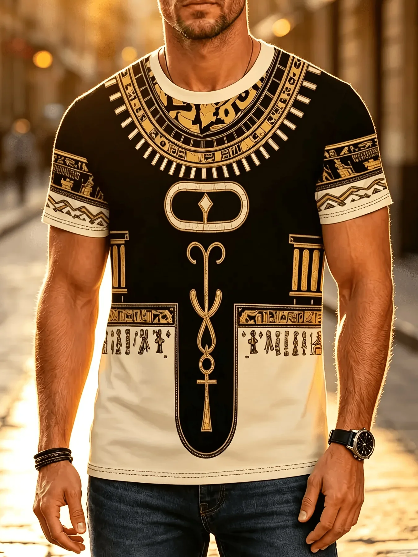 Vintage Men Ancient Egypt Totem 3D Print T‑Shirt Egyptian Pharaoh Symbol Graphic Crew Neck Short Sleeve Retro Casual Summer Tee