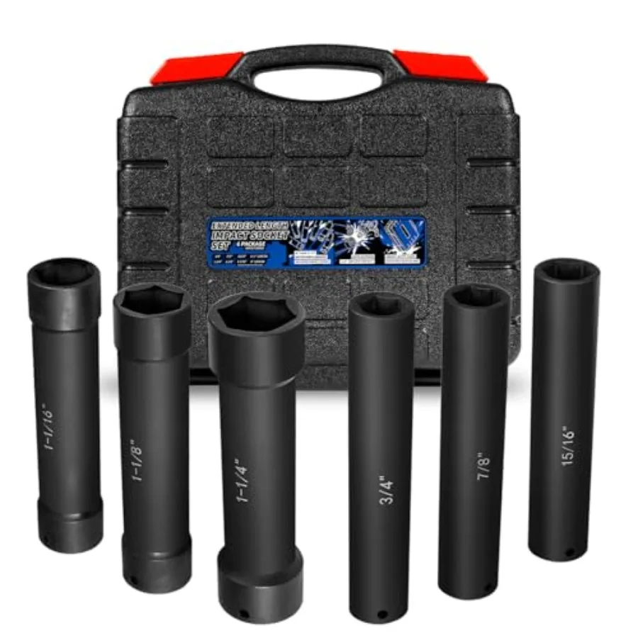

1/2 Inch Drive Heavy Duty Extended Length Extra-Deep Length Impact Socket Set with Storage Case Including Sockets 3/4" 7/8" 15/