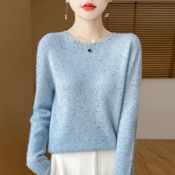 Women's Autumn Winter New 100% Wool Sweater, Round Neck Loose Pullover Sweater Dotted Floral Yarn Knitted Sweater Versatile Base