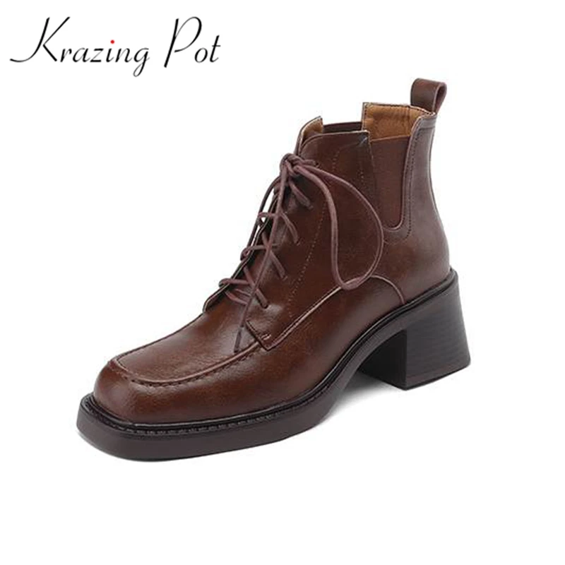 

Krazing Pot Cow Leather Square Toe Thick High Heels Winter Keep Warm Western Boots Size 41 Model Show Modern Fashion Ankle Boots
